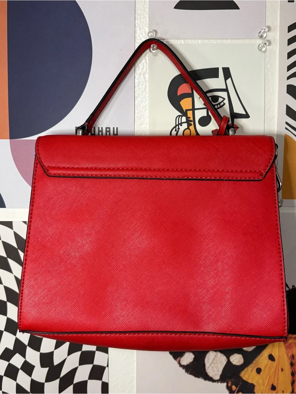 GUESS Red Structured Satchel with Crystal Flower Charm